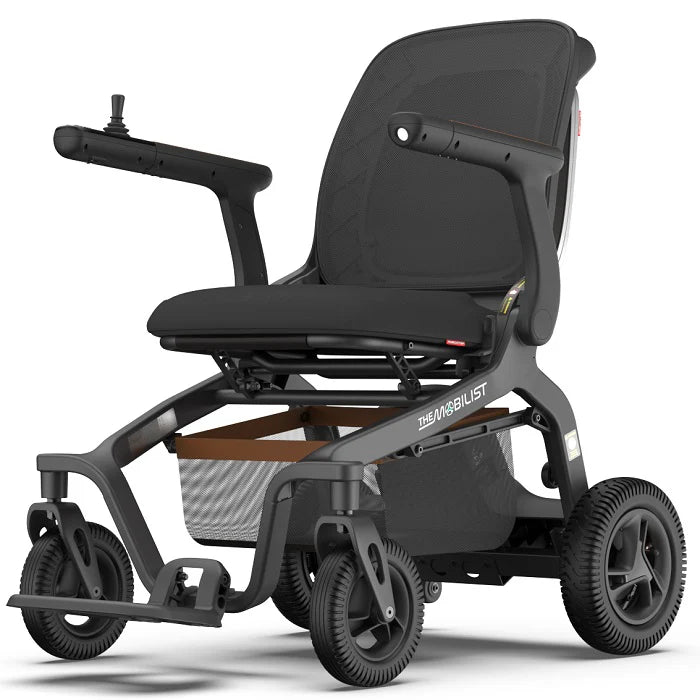 Robooter E40 foldable electric wheelchair in black featuring a modern frame and omni-directional wheels.